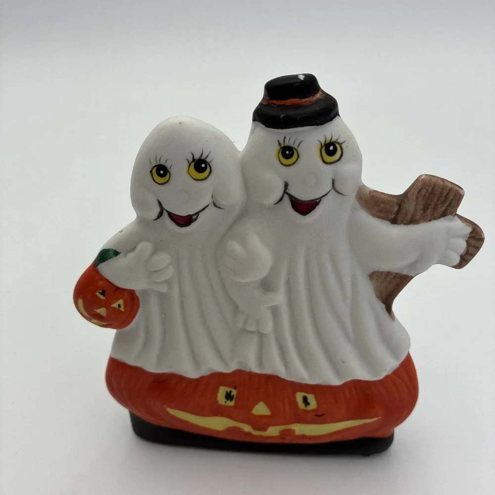 Halloween Ghost Couple Jack-O-Lantern Ceramic Tea Light Candle Holder Figurine